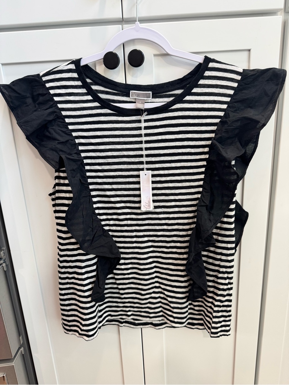 Chelsea28 Black & White Striped Ruffle Top Size Medium NWT